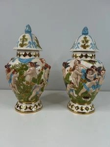 Vintage Hand Painted Angel / Cherub Vase or Urn with Lid Set Of 2 - Picture 1 of 5