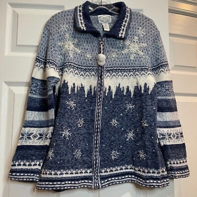 Stitches in Time Holiday Cardigan Zip Snow Novelty Knit Sweater Beaded Size Med - Image 1 of 4