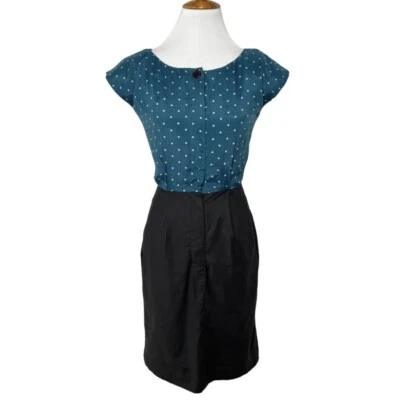 Vestido Vaina Modcloth Emily and Fin Verde Azulado Lunares Negro Retro Manga Gorra XS Foto 1 de 4