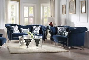 Art Deco Furniture - Living Room Metal Legs Sofa Loveseat Set in Blue Velvet RAZ