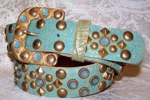 Aqua and Brass Leatherock AB Belt Made with Pacific Opal Swarovski Crystals M  L - Picture 1 of 5