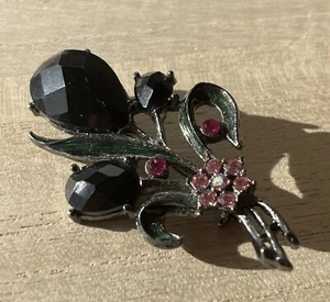 Vintage Brosche schwarz Tulpe Strass grün Guilloche Emaille rosa Akzent - Bild 1 von 7