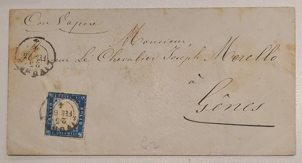 1863 Kingdom Of Sardinia 15c Blue Vitt. Emmanuele Livorno-Genoa Cover To Knight. - Image 1 of 3