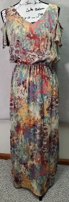 Maxi Vestido Nine West Para Mujer Talla 4 Multi Floral Plisado Forrado Hombro Frío Cuello en V Foto 1 de 4