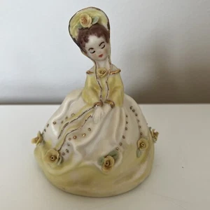Vintage Girl with Hat Figurine Yellow White Dress Flowers Ceramic Gold - Picture 1 of 7