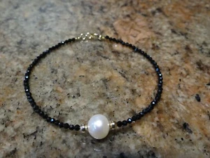 Custom 14k Yellow Gold Faceted Spinel Gemstone & 8.5mm Cultured Pearl Brac 7.5" - Picture 1 of 1