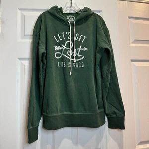 Life is Good Mens M Hoodie Lets Get Lost Green Graphic Pullover Hiking Camping - Picture 1 of 13