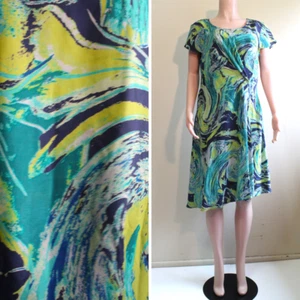 Winter Silks L Silk A Line Dress Marbled Blue Teal Green S/Sleeve Asym Drape - Picture 1 of 9