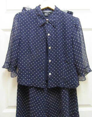1980s Cynthia Howie Two Piece Silk Navy Dotted Lined Top & Skirt Set 8P - Image 1 of 4