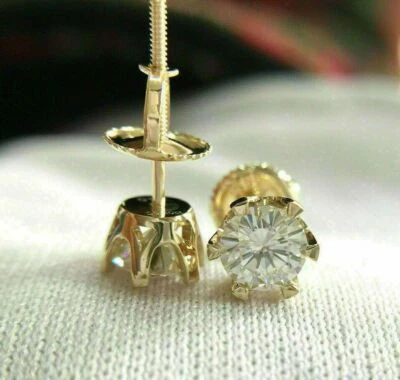 2Ct Round Cut Certified Moissanite Solitaire Stud Earring Solid 10K Yellow Gold - Image 1 of 4
