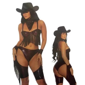 NEW WOMENS FORPLAY OUTWEST SEXY COWGIRL COSTUME OUTFIT BLACK BURGUNDY FRINGE S/M - Picture 1 of 1