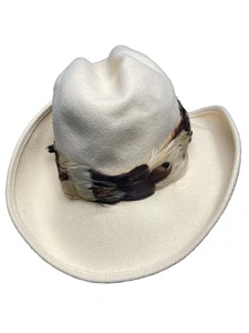 RARE VTG 1960's Schiaparelli Paris Cream Ivory Brown Feathers Western Style Hat - Picture 1 of 11