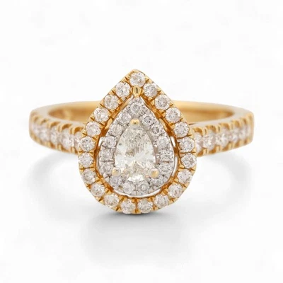 Anillo de diamantes de pera doble halo de oro amarillo de 14 quilates talla 7 de 1,05 quilates Foto 1 de 4