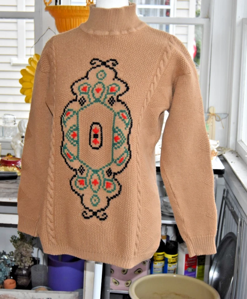 Vintage Liz Claiborne Merino Wool Mockneck Embroidered Folk Art Sweater Small - Image 1 of 4