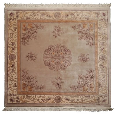 8'6''x8'6" Square Plush Pile Hand Knotted French Aubusson Savonnerie Wool Rug - Image 1 of 4