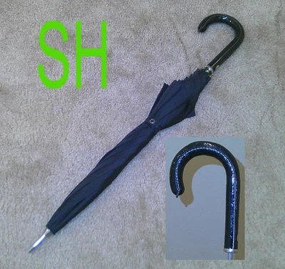 Vintage 1940s Black Umbrella Vinyl Handle HW Brand Metal Shaft 8 Rib Hong Kong - Image 1 of 4