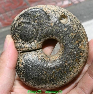 Statua Yu Pig Loong Dragon Hook Gou 3,3" cultura cinese Hongshan vecchia giada intagliata - Foto 1 di 8