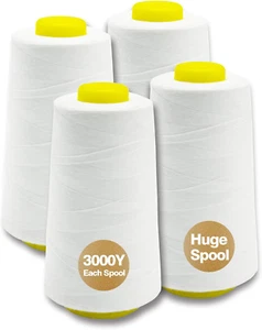 White Serger Thread, All-Purpose Thread for Sewing, Polyester, 4 Cones of 3000 Y - Picture 1 of 12