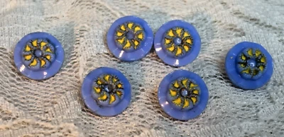 Lot of 6 Small VintageBlue Glass Buttons with a Yellow Flower Design - Image 1 of 4