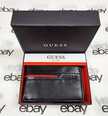 Nuevo GUESS Negro Imitación Piel, Rojo Acento, Logo, HOMBRE Rfid Plegable Funda - Imagen 1 de 4