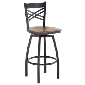 Cross Back Swivel Metal Restaurant Barstool with Vintage Wood Seat - Picture 1 of 7