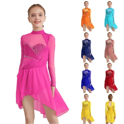 UK Girls Dancewear Patchwork Skating Dress Mock Neck Ballet Performance Mesh - Image 1 of 4