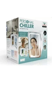 Personal Chiller LED Lighted Mini Fridge with Mirror Door, White w/Mature Box - Picture 1 of 8