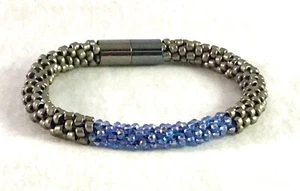 Kumihimo Bracelet Gunmetal Seed Beads Blue Crystals Magnetic Clasp Handmade - Picture 1 of 3