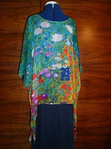 100% silk georgette floaty kaftan/tunic Klimt's garden of flowers L/XL NEW - Picture 1 of 4