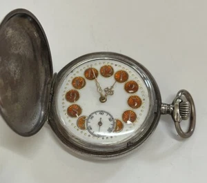Swiss Half Hunter Pocket Watch Running 800 Silver Case Enamel Dial - Picture 1 of 6