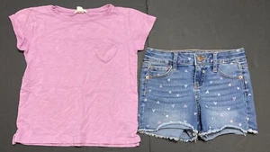 Girls Crewcuts & Cat & Jack Size 6 - Purple Lilac Top w/Heart Print Jean Shorts - Picture 1 of 7