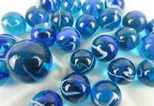 25 Glass Marbles BLUE JAY game pack vtg style Clear Translucent Shooter Swirl