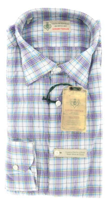 Camisa de algodão xadrez roxa Luigi Borrelli - Extra fina - (GB8595) - Imagem 1 de 4