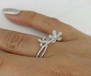 0.44 Ct Real Round Diamond Double Flower Engagement Wedding Ring 14K White Gold - Picture 1 of 9