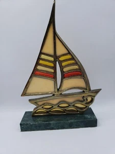 Vintage Enesco Stained Glass Sailboat Ship Nautical Home Decor 9.5" - Picture 1 of 8