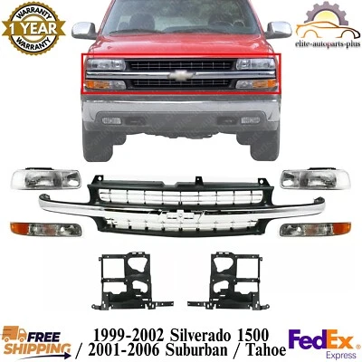 Front Grille + Headlights Kit + Brackets For 1999-02 Silverado 1500 /01-06 Tahoe - Image 1 of 4