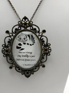 Cheshire Cat Quote Handcrafted Glass Dome Necklace, Copper Toned Chain - Picture 1 of 4