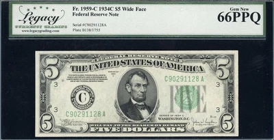 1934 C $5 Wide Face Federal Reserve Note Legacy FR 1959 C 66 PPG - Image 1 of 2
