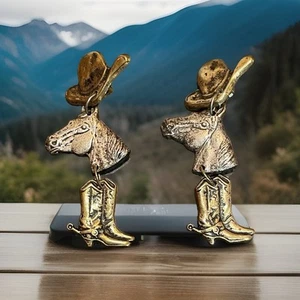 Cute Western Clip On Dangle Earrings Silver & Brass Tones Hat Horse Boot Charms - Picture 1 of 7