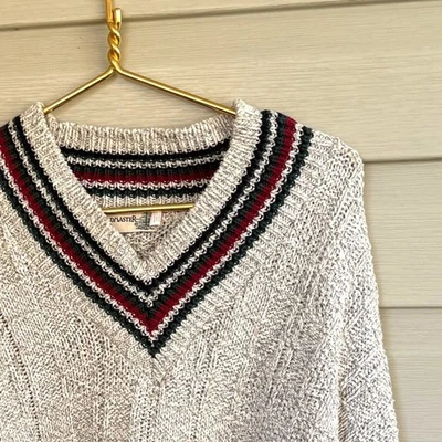 Vintage FIELDMASTER v-neck cricket sweater light gray heavy cotton preppy EUC L - Image 1 of 4