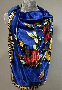 Satin Floral Shawl Scarf Wrap Blue with animal print Edge Cover 34” Square - Picture 1 of 5