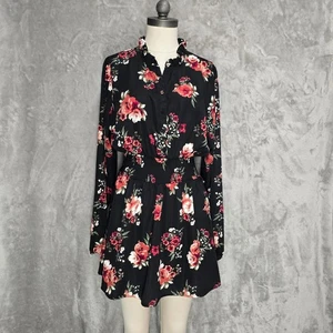 Mini Vestido Justify Negro Floral Manga Larga Cuello Volantes XL Romántico Elastizado Boho - Imagen 1 de 10