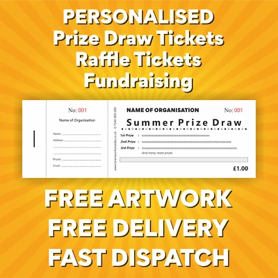 1000 PERSONALISED PRIZE DRAW TICKETS - RAFFLE TICKETS - FUNDRAISING FREE ARTWORK