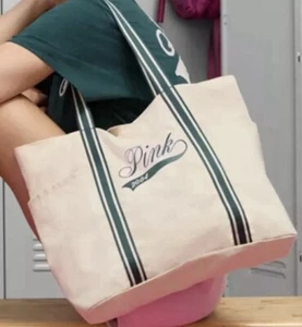 Victorias Secret PINK Large Cream Beige Canvas Tote Book Bag Travel Gym Bag NEW - Picture 1 of 10