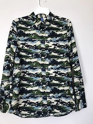 Mens Digital Tech Camo Button Down Casual Shirt Hipster, Gamer, Vintage, 80s - Image 1 of 3