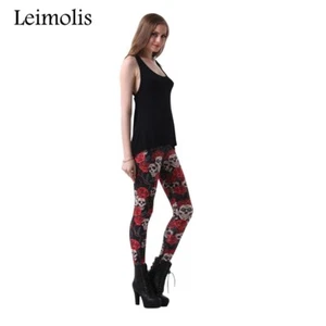 WOMEN'S 3D RETRO RED ROSE SKULL PRINTED GOTHIC PLUS SIZE YOGA SUMMER LEGGINGS - Picture 1 of 7