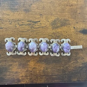 Vintage Amethyst & Silver Bracelet Statement 6” Oval Stones Stunning Mexico - Picture 1 of 6