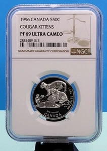 1996 CANADA 50c - LITTLE WILD ONES - COUGAR KITTENS - NGC PF69 UC - SILVER COIN - Picture 1 of 6