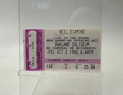 Neil Diamond Ticket Oakland Coliseum October 2, 1992. - Image 1 of 2