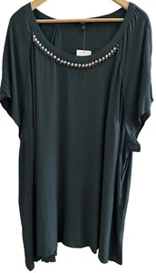 ELLOS Green Short Slv Tunic Asymmetric Hem Rhinestone Neckline Flowy 4X NEW - Picture 1 of 8